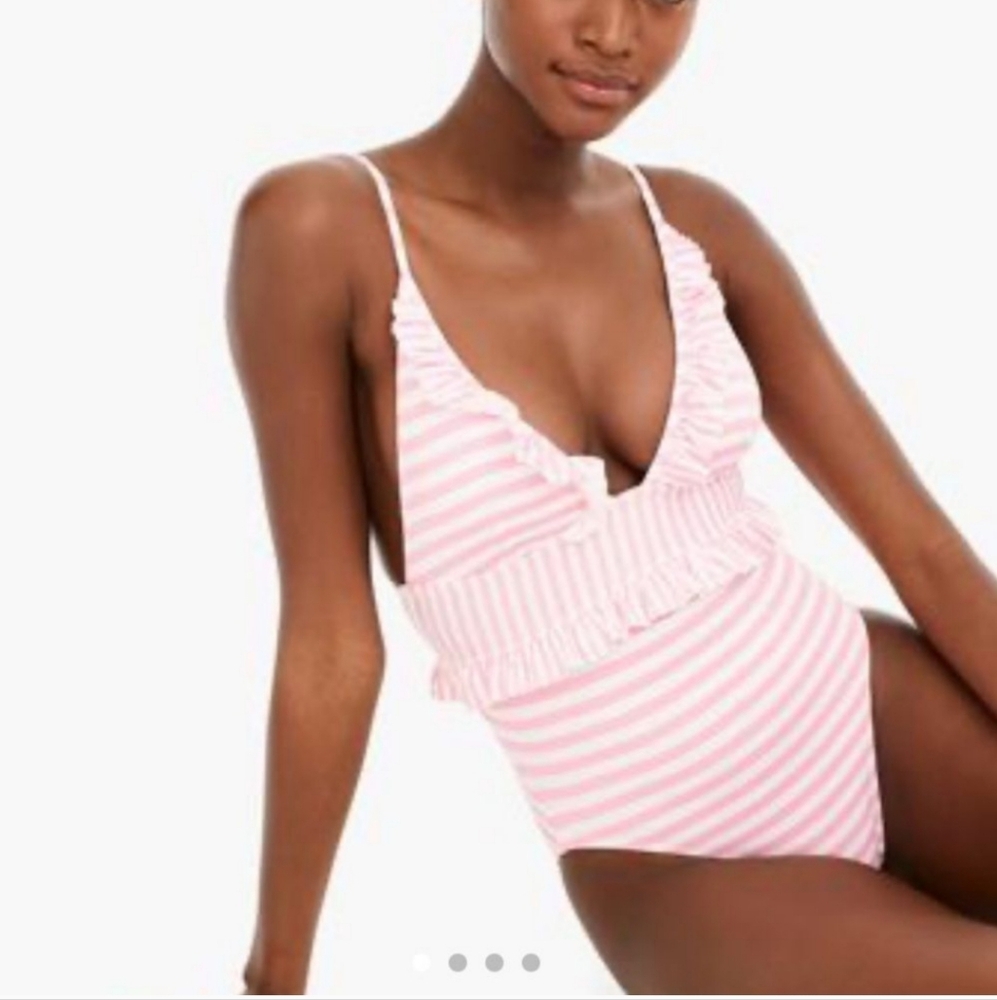 J. Crew Ruffle Plunging  Blue and White Striped Women's One Piece Swimsuit - Picture 11 of 12